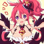  :d between_breasts breasts cleavage close-up crown disgaea feather_boa iwasi-r large_breasts looking_at_viewer makai_senki_disgaea_5 mini_crown necktie necktie_between_breasts open_mouth outstretched_arms pink_hair pointy_ears ponytail purple_eyes red_neckwear seraphina_(disgaea) shiny shiny_skin short_hair sidelocks smile solo spread_arms yellow_background 
