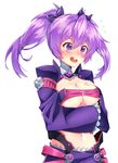  aisha_(elsword) bandeau blush breasts commentary elsword eungking_(tog2029) highres medium_breasts midriff miniskirt navel purple purple_eyes purple_hair purple_skirt purple_sleeves short_hair short_twintails skirt smile solo thighhighs twintails void_princess_(elsword) 