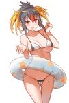  bikini black_hair blonde_hair breasts cameltoe cleavage collarbone innertube kemono_friends large_breasts long_hair looking_at_viewer multicolored_hair open_mouth red_hair revision rockhopper_penguin_(kemono_friends) simple_background smile solo standing swimsuit thigh_gap underboob white_background yostxxx 