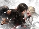  1girl artist_name bandages black_hair blonde_hair closed_eyes comb crying hands_on_another's_face innominat_(tales) laphicet_crowe long_hair open_mouth robe spoilers tales_of_(series) tales_of_berseria velvet_crowe yukisaki_mayui 
