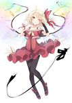  ahoge alternate_costume black_bow black_legwear blonde_hair blush bow crystal dress flandre_scarlet full_body hair_bow highres kojiki-life lace lace-trimmed_thighhighs lace_trim laevatein looking_at_viewer no_hat no_headwear one_eye_closed parted_lips red_bow red_dress red_eyes ribbon side_ponytail simple_background single_bridal_gauntlet smile solo thighhighs touhou white_background wings wrist_ribbon 