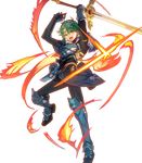  alm_(fire_emblem) arai_teruko armor armored_boots boots fire fire_emblem fire_emblem_echoes:_mou_hitori_no_eiyuuou fire_emblem_heroes full_body gloves green_eyes green_hair headband highres left-handed male_focus official_art open_mouth solo sword teeth transparent_background weapon 