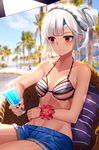  altera_(fate) bikini_top blurry breasts cutoffs dark_skin day depth_of_field drink eyebrows_visible_through_hair fate/grand_order fate_(series) flower_bracelet gendo0032 nail_polish navel outdoors red_eyes short_shorts shorts silver_hair sitting small_breasts smile solo sweat tattoo tied_hair 
