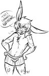  anthro blush boxers_(clothing) clothed clothing english_text greyscale lagomorph male mammal maplecookies monochrome rabbit solo standing text topless underwear 