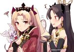  animal bare_shoulders black_hair blonde_hair blush cape crown dated earrings ereshkigal_(fate/grand_order) fate/grand_order fate_(series) fou_(fate/grand_order) gold_trim hair_ribbon hoop_earrings ishtar_(fate/grand_order) jewelry long_hair multiple_girls note open_mouth raki_(kuroe) red_cape red_eyes red_ribbon ribbon signature simple_background tiara twintails white_background 