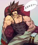 1boy abs bara brown_hair drooling food gairen guilty_gear headband male_focus muscle open_mouth pecs saliva sitting sleeping tagme undressing 