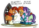  2018 annoyed bag bobthedalek boots clothing dialogue english_text equine eyewear female footwear friendship_is_magic glasses group horn male mammal my_little_pony scarf snow starlight_glimmer_(mlp) stellar_flare_(mlp) sunburst_(mlp) text unicorn 