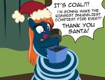  2018 badumsquish box christmas coal coiling dialogue excited fan_character fangs female gift grin hair happy hat holidays kalianne lamia my_little_pony orange_hair reptile santa_hat scalie smile snake solo squee 