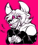  anthro canine clothed clothing fangs fur hair male mammal maplecookies open_mouth pink_background saliva simple_background solo teeth 
