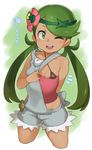  ;d absurdres atte7kusa bangs bikini_top black_bikini_top breasts check_translation cowboy_shot criss-cross_halter crop_top cropped_legs cutoffs dark_skin flower green_eyes green_hair hair_flower hair_ornament halterneck headband highres long_hair low_twintails mao_(pokemon) midriff one_eye_closed open_mouth overalls pokemon pokemon_(game) pokemon_sm protected_link skindentation small_breasts smile solo swept_bangs translation_request twintails 