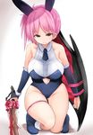  animal_ears bangs blue_leotard breasts bunny_ears bunnysuit closed_mouth eyebrows_visible_through_hair fantasy_earth_zero holding holding_shield holding_sword holding_weapon kneeling large_breasts leg_garter leotard looking_at_viewer necktie neneru pink_hair shadow shield solo sword thighs weapon white_background 