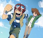  :d arm_behind_head blazer blue_shirt blush brown_eyes brown_hair brown_pants brown_shorts brown_vest cloud cloudy_sky day digimon digimon_adventure_02 dutch_angle goggles goggles_on_head green_jacket hair_between_eyes hand_in_pocket jacket male_focus motomiya_daisuke multiple_boys odaiba_middle_school_uniform open_clothes open_mouth open_vest pants red_hair running school_uniform shirt short_hair short_sleeves shorts sky smile striped striped_shirt t_k_g v-shaped_eyebrows vest white_shirt wristband yagami_taichi 