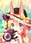  :o animal_ears artist_name bangs black_hat blonde_hair blue_eyes blush bunny_ears camera canon_(company) ears_through_headwear fairy hair_between_eyes hair_ribbon hat heart heart-shaped_pupils highres holding holding_camera long_hair looking_at_another multiple_girls open_mouth original pierorabu pink_hair red_ribbon ribbon solo_focus sun_hat symbol-shaped_pupils tareme upper_body wings 