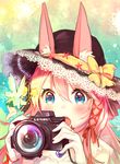  :o animal_ears bangs black_hat blonde_hair blue_eyes blush bunny_ears camera canon_(company) commentary_request ears_through_headwear fairy hair_between_eyes hair_ribbon hat heart heart-shaped_pupils highres holding holding_camera long_hair looking_at_another multiple_girls open_mouth original pierorabu pink_hair red_ribbon ribbon solo_focus sun_hat symbol-shaped_pupils tareme upper_body wings 