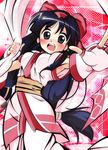  ainu_clothes armpits black_hair blush bow breasts brown_eyes fingerless_gloves gloves hair_bow hair_ribbon hairband highres long_hair medium_breasts nakoruru oosama_(hikouseki223) open_mouth red_bow ribbon samurai_spirits short_sleeves solo 