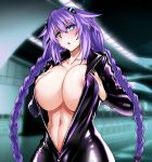  1girl areolae blue_eyes blush bodysuit braid breasts choujigen_game_neptune cleavage female hair_ornament huge_breasts long_braid long_hair looking_at_viewer navel neptune_(choujigen_game_neptune) neptune_(series) nyamota_(noraneko_koubou) open_clothes open_mouth purple_hair purple_heart shiny shiny_clothes shoulders solo sweat symbol-shaped_pupils tied_hair twin_braids unzipped very_long_hair 