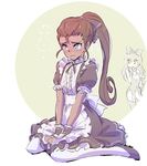  apron blake_belladonna blue_eyes blush bow brown_hair commentary_request dress embarrassed frilled_dress frills giggling hair_bow iesupa ilia_amitola kneeling maid maid_apron multiple_girls navel ponytail rwby spots tan white_legwear wristband yellow_eyes 