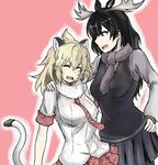  antlers black_hair blonde_hair fur_collar hair_between_eyes kemono_friends lion_(kemono_friends) lion_ears long_hair long_sleeves moose_(kemono_friends) moose_ears multiple_girls pleated_skirt shirt short_hair short_sleeves skirt smile tail tsubakiworks 