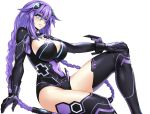  1girl blue_eyes blush bodysuit braid breasts choujigen_game_neptune female full_body gloves large_breasts lips long_hair looking_at_viewer neptune_(series) nyamota_(noraneko_koubou) power_symbol purple_hair purple_heart shiny shiny_hair shiny_skin sitting smile solo symbol-shaped_pupils thighhighs tied_hair twin_braids 