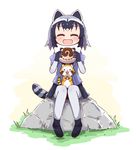  :d =_= ^_^ animal animal_ears araiguma_rascal black_footwear black_gloves black_hair black_skirt blue_shirt blush closed_eyes commentary common_raccoon_(kemono_friends) crossover eyebrows_visible_through_hair food full_body fur_collar gloves grass grey_legwear highres holding holding_food japari_bun kemono_friends knees_together_feet_apart loafers multicolored_hair open_mouth pantyhose pleated_skirt puffy_short_sleeves puffy_sleeves raccoon raccoon_ears raccoon_tail rascal_(araiguma_rascal) rock shirt shoes short_sleeves silver_hair sitting skirt smile striped_tail tail thick_eyebrows toshi_mellow-pretty white_background white_hair 