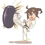  ahoge barefoot belt black_eyes brown_hair chibi commentary_request dougi eyebrows_visible_through_hair fang hair_between_eyes hair_ornament hairclip karate karate_gi kicking kinta_(distortion) motion_lines open_mouth original ponytail punching_bag sidelocks simple_background solo white_background 