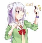  ;) alternate_costume bangs blush cardigan cellphone closed_mouth contemporary emilia_(re:zero) flower grey_hair hair_flower hair_ornament hair_ribbon headdress holding holding_phone itachi_kanade long_hair looking_to_the_side one_eye_closed open_cardigan open_clothes phone pointy_ears purple_eyes purple_ribbon re:zero_kara_hajimeru_isekai_seikatsu ribbon sailor_collar school_uniform scrunchie self_shot serafuku shiny shiny_hair silver_hair simple_background sleeves_past_elbows smile solo upper_body v white_background white_flower wrist_scrunchie 
