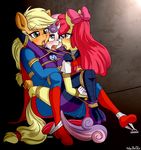  2017 anibaruthecat anthro anthrofied apple_bloom_(mlp) applejack_(mlp) bdsm blonde_hair blush bondage bound clothed clothing earth_pony equine female friendship_is_magic group hair hair_bow hair_ribbon hi_res horn horse long_hair mammal multicolored_hair my_little_pony open_mouth pony restrained ribbons rope sibling sisters sweetie_belle_(mlp) two_tone_hair unicorn 