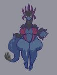  anthro big_breasts blue_body breasts clothed clothing fangs female grey_background hydreigon liveforthefunk looking_at_viewer nintendo nipple_bulge pok&eacute;mon simple_background sitting solo thick_thighs video_games wide_hips 