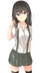  asashio_(kantai_collection) black_hair black_legwear blue_eyes commentary grey_skirt hot kanpyou_(hghgkenfany) kantai_collection long_hair older pleated_skirt shirt short_sleeves simple_background skirt solo suspenders thighhighs translated white_background white_shirt 