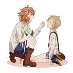  bag boots bruise clenched_teeth crying cuts feeding gotou_toushirou hair_ornament hairclip houchou_toushirou injury kneeling leaf male_focus messenger_bag multicolored_hair multiple_boys oisih open_mouth orange_hair shorts shoulder_bag simple_background streaked_hair teeth torn_clothes touken_ranbu 