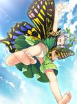  barefoot bird blue_hair blue_sky blush_stickers butterfly_wings chima_q closed_eyes cloud cloudy_sky day dress eternity_larva feet from_below green_dress green_panties highres outdoors outstretched_arms panties polka_dot polka_dot_panties sky smile solo spread_arms sunlight toes touhou underwear upskirt wings yellow_wings 