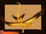  2017 brown_background brown_border brown_feathers cannibalistic_tendencies claws digital_media_(artwork) dragon feathered_wings feathers female feral flying fur furred_dragon gold_feathers horn kailana looking_at_viewer orange_eyes patreon side_view signature simple_background smile solo spread_wings url wings yellow_feathers 