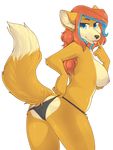  2017 anthro breasts butt canine clothing female fox looking_at_viewer mammal nipples panties panty_pull raised_tail seductive solo tongue tongue_out underwear zyira 