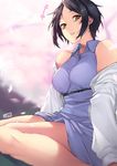  artist_name bangs bare_shoulders black_hair black_ribbon blurry blurry_background breasts cherry_blossoms collared_dress commentary day dress earrings eyebrows_visible_through_hair hayami_kanade highres idolmaster idolmaster_cinderella_girls jacket jewelry jjune lavender_dress long_sleeves looking_at_viewer medium_breasts off_shoulder open_clothes open_jacket outdoors parted_bangs parted_lips petals pink_lips ribbon sash short_hair sitting sleeveless sleeveless_dress smile solo stud_earrings teeth wariza white_jacket wing_collar yellow_eyes 