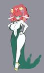  anthro big_breasts bracelet breasts clothed clothing female florges footwear grey_background grey_eyes hair high_heels jewelry lips liveforthefunk nintendo pok&eacute;mon red_hair shoes side_slit simple_background solo standing video_games white_body 