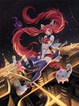  1girl alternate_costume alternate_hair_color alternate_hairstyle boots city elbow_gloves jinx_(league_of_legends) kuro_(league_of_legends) league_of_legends lipstick long_hair magical_girl red_hair shiro_(league_of_legends) star_guardian_jinx thighhighs tied_hair twintails very_long_hair 