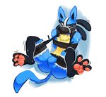  2016 anthro bdsm black_fur blue_fur bondage bound bulge butt canine digital_drawing_(artwork) digital_media_(artwork) featureless_crotch fur hicanyoumooforme lucario male mammal muzzle_(object) muzzled nintendo nude pawpads pink_pawpads pok&eacute;mon simple_background solo struggling video_games white_background yellow_eyes yellow_fur 