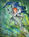  armor armored_boots boots cape cardfight!!_vanguard company_name gloves ikeda_(cpt) knight_of_persistence_fulgenius lance male_focus official_art open_mouth orange_eyes orange_hair polearm sky solo spiked_hair teeth weapon 