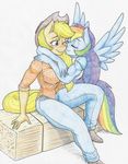  2017 anthro anthrofied applejack_(mlp) blush cowboy_hat duo equine female flicker-show freckles friendship_is_magic hair hat horse kissing mammal multicolored_hair muscular muscular_female my_little_pony pegasus pony rainbow_dash_(mlp) rainbow_hair traditional_media_(artwork) wings 