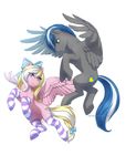  blonde_hair blue_eyes blue_hair clothing cutie_mark equine fan_character feathered_wings feathers female fur grey_feathers grey_fur hair jay-kuro legwear male mammal my_little_pony pegasus pink_feathers pink_fur simple_background smile socks white_background white_hair wings 