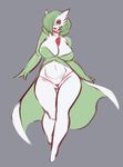  anthro big_breasts breasts clothed clothing female gardevoir green_hair grey_background hair hair_over_eye lips liveforthefunk nintendo pok&eacute;mon red_eyes simple_background solo thong video_games wide_hips 