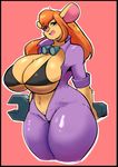 2017 anthro big_breasts blue_eyes breasts buckteeth chip_&#039;n_dale_rescue_rangers clothed clothing disney eikasianspire eyewear female gadget_hackwrench goggles hair hands_behind_head hi_res huge_breasts long_hair mammal mouse open_mouth orange_hair pink_nose rodent simple_background solo teeth tools wrench 