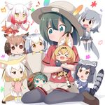  &gt;_&lt; 6+girls :&lt; :3 :d animal_ears backpack backpack_removed bag black_eyes black_gloves black_legwear blonde_hair blush brown_eyes brown_hair chibi child closed_eyes commentary common_raccoon_(kemono_friends) eighth_note eurasian_eagle_owl_(kemono_friends) fang fennec_(kemono_friends) fox_ears fox_tail gloves gradient green_eyes green_hair grey_hair hat hat_feather head_wings highres hug japanese_crested_ibis_(kemono_friends) japari_symbol kaban_(kemono_friends) kemono_friends makuran multicolored_hair multiple_girls musical_note northern_white-faced_owl_(kemono_friends) open_mouth otter_ears otter_tail pantyhose pantyhose_under_shorts raccoon_ears raccoon_tail red_hair red_shirt serval_(kemono_friends) serval_ears serval_tail shirt short_hair shorts sitting small-clawed_otter_(kemono_friends) smile spoken_musical_note tail tsuchinoko_(kemono_friends) wariza xd yellow_eyes younger 