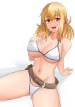  1girl aori_sora bangs belt belt_buckle belt_pouch bikini blonde_hair breasts brown_eyes buckle cleavage collarbone commentary eyebrows_visible_through_hair fairy_tail hair_ribbon highres large_breasts lucy_heartfilia one_side_up open_mouth pouch ribbon shadow sideboob skindentation smile solo swimsuit underboob white_background 
