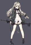  bangs black_background black_footwear black_shorts boots closed_mouth dress_shirt expressionless eyebrows_visible_through_hair full_body girls_frontline gun hair_ornament hairclip high_heel_boots high_heels holding holding_gun holding_weapon holster jacket kuro_(kuronell) legs_apart long_hair looking_at_viewer low_twintails machine_gun mg4_(girls_frontline) open_clothes open_jacket pigeon-toed shirt short_shorts shorts silver_hair simple_background solo standing thigh_holster thigh_strap twintails weapon white_shirt yellow_eyes 