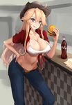  alternate_costume blonde_hair blue_eyes bottle brand_name_imitation breasts cleavage coca-cola commentary_request counter cowboy_hat denim food front-tie_top hamburger haruto_(harut_n) hat highres iowa_(kantai_collection) jeans kantai_collection large_breasts long_hair navel pants solo standing star star-shaped_pupils symbol-shaped_pupils 