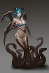  1girl aqua_hair bare_shoulders bikini blue_bikini blue_eyes blue_hair breasts cleavage collar full_body gradient_background horns kww868 large_breasts long_hair long_nails looking_at_viewer monster_girl nail_polish original pointy-ears red_nails simple_background slender_waist snake solo staff standing strapless_bikini 