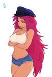  34no404 blue_eyes breasts bulge cleavage covered_nipples crossed_arms cutoffs denim denim_shorts eyebrows final_fight hat large_breasts long_hair messy_hair microphone midriff navel newhalf peaked_cap pink_hair poison_(final_fight) pout short_shorts shorts solo tank_top very_long_hair white_background 