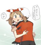  1girl black_eyes brown_hair hair_ribbon haruka_(pokemon) hat hetero hug open_mouth petagon pokemon pokemon_(game) pokemon_oras ribbon smile sweatdrop translated yuuki_(pokemon) 