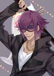  black-framed_eyewear black_jacket glasses jacket jewelry looking_at_viewer male_focus mirokuji_yuuya necklace parfait pocket purple_hair re:creators ring solo sunglasses thumb_ring upper_body zzai 